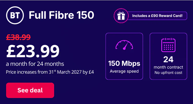 BT Full Fibre 150 broadband deal: 150 Mbps average speed, 24-month contract